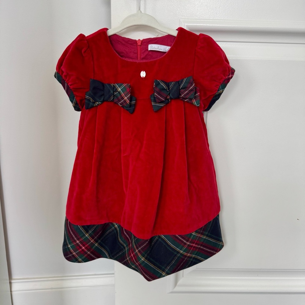 Patachou Girls Red Velvet and Plaid Dress, Size 2T